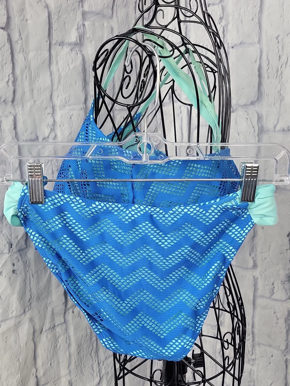 Hula Honey Blue Chevron Lace Mesh Flyaway Tankini Swimsuit Set Large